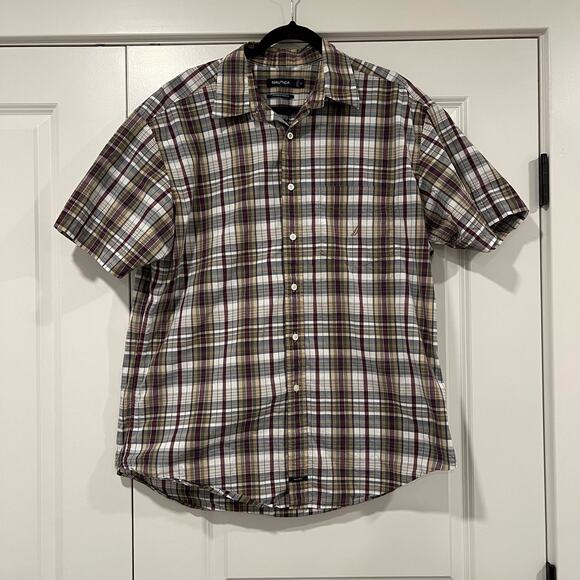 Nautica Other - Nautica Men's‎ Short Sleeve Button Down Sanded Poplin Red Blue Green Plaid Sz XL